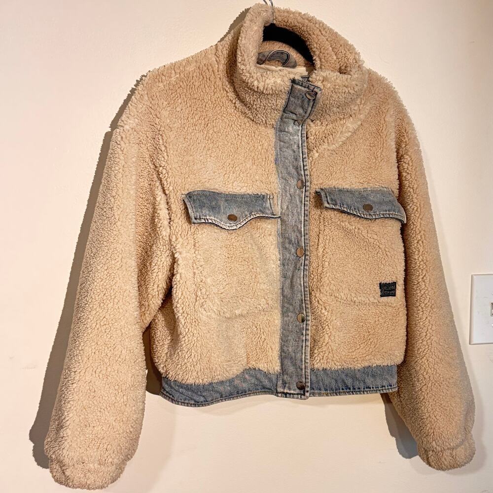 Bershka Sherpa Denim Jacket - Size 28 - Cozy Oversized Crop Jacket - Picture 4 of 9